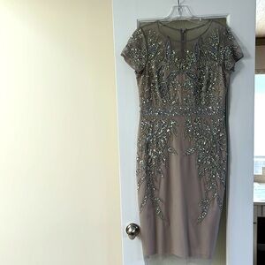 Beaded, fitted dress, short sleeve, hits below knee.